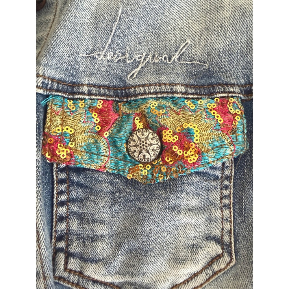 Desigual Denim Ethnic Deluxe Jacket Knit Floral Sleeves Sequin Embroidered EU 40 - Picture 8 of 9